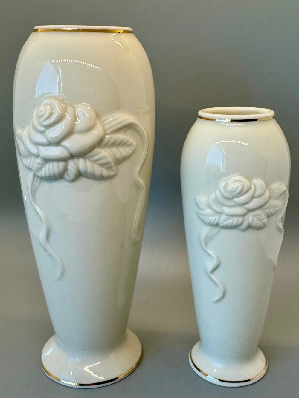 EUC vintage Lenox ivory porcelain bud vases w/embossed rose designs & gold trim